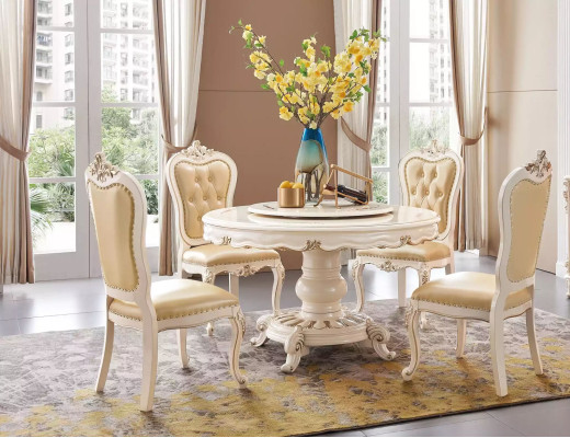 Classic r Light Beige Dining room Set Luxury Round Dining table and x4 Chesterfield Chairs 5pcs. suite