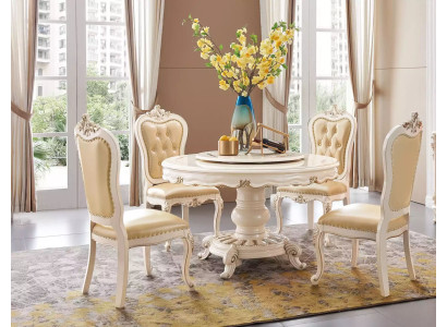 Classic r Light Beige Dining room Set Luxury Round Dining table and x4 Chesterfield Chairs 5pcs. suite