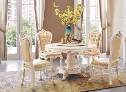 Classic r Light Beige Dining room Set Luxury Round Dining table and x4 Chesterfield Chairs 5pcs. suite