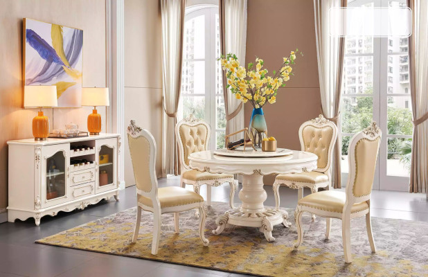 Classic r Light Beige Dining room Set Luxury Round Dining table and x4 Chesterfield Chairs 5pcs. suite