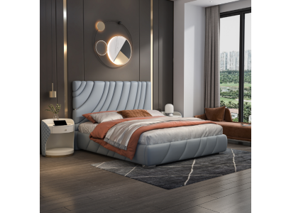 Gray Imitation leather Double bed Modern stainless steel bed Luxury wooden frame