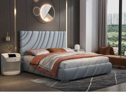 Gray Imitation leather Double bed Modern stainless steel bed Luxury wooden frame