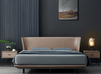 Beige Imitation leather Bedroom Double bed Designer Wooden Frame Beds