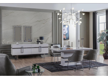 Design Dining room Set Dining table + 4x Chairs + Sideboard with 2x Mirror 8 pieces