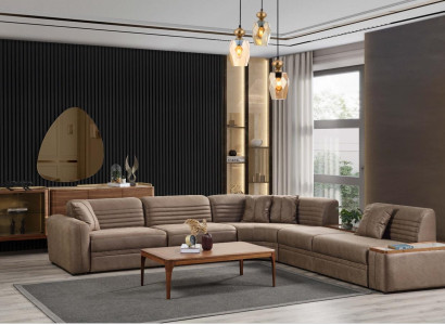 Corner sofa Sofa Imitation leather Coffee table Brown Upholstered sofa Living room