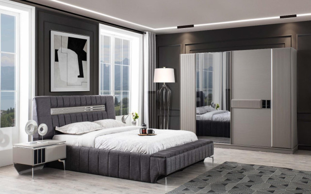 Bedroom Suite Double bed Bed Bedside tables 4pcs Gray Wardrobe