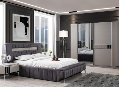 Bedroom Suite Double bed Bed Bedside tables 4pcs Gray Wardrobe