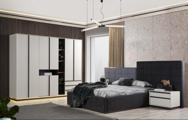 Suite Double bed Bedroom Bed Bedside tables 4-piece gray wardrobe