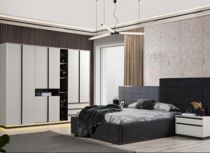 Suite Double bed Bedroom Bed Bedside tables 4-piece gray wardrobe