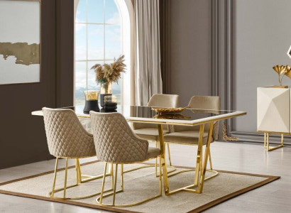 Modern Dining set Luxury Dining table Dining table Chairs 7-piece Beige Gold Set