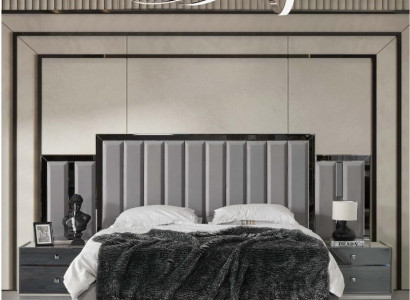 Suite Bedroom Double bed Bed Bedside tables 3pcs Gray Wardrobe