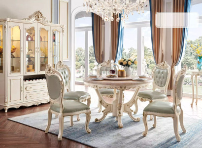 Pearl white Dining room Set Dining table 6x Chairs Display case 8-piece luxury set