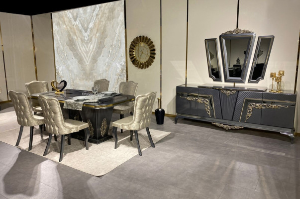 Dining room set 9 pieces. Dining table + 6x Chairs Sideboard with Mirror Gray new