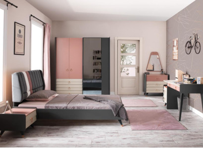 Bedroom 6tlg Bed Bedside table Wardrobe Chest of drawers Mirror Desk