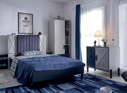 Luxury Modern Blue Bedroom Set Bed Chest of drawers Bookshelf Wood new 3pcs