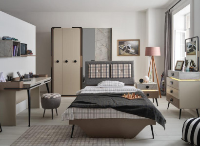 Modern bedroom youth room 7 pieces. Bed Wardrobe Children's room