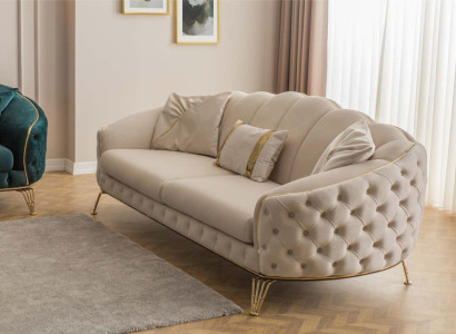 Modern Chesterfield Beige Living room Sofa set x2 3 Seater Upholstered Armchairs
