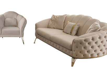 Modern Beige Living room Set Sofa 3 Seater Armchair Textile Armchair Living room