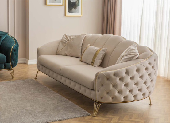 Modern Beige Living room Set Sofa 3 Seater Armchair Textile Armchair Living room