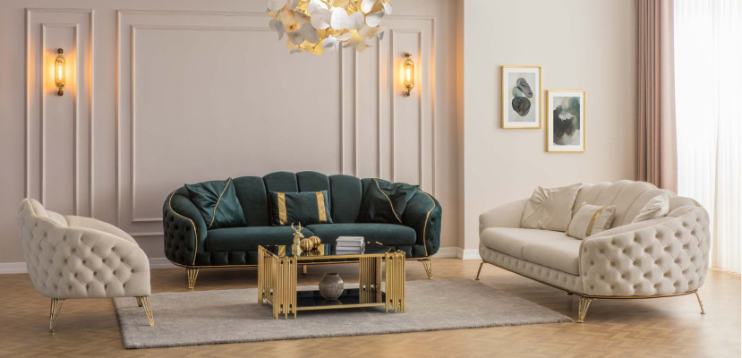 Modern Chesterfield Design Beige Sofa 2x Armchair Upholstery Couch Couches new