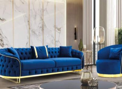 Designer Blue Color Living room Set of 3-Seater Sofa and Armchair 2pcs.