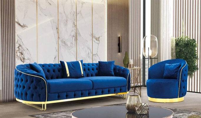 Blue Chesterfield Armchair Living room round armchair designer single seater. home24.ae 