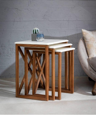 White Coffee table Suite 3x Square Wooden Tables Living room Furniture