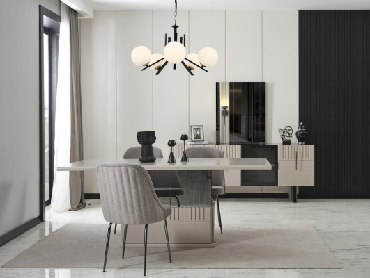 Dining room furniture set in gray modern dining table upholstered chairs 9 pieces. set