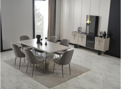 Modern Dining room set Gray Dining table Designer Textile Chairs 7 pieces