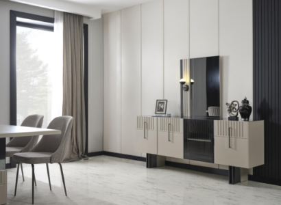 Modern Dining room set Chest of drawers with Mirror in light gray Wood 2 pieces new