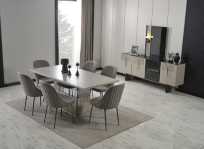 Dining room furniture set in gray modern dining table upholstered chairs 9 pieces. set