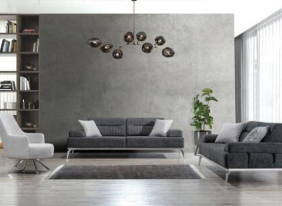 Living room set 3 pieces 2x 3-seater gray with white armchair modern design textile