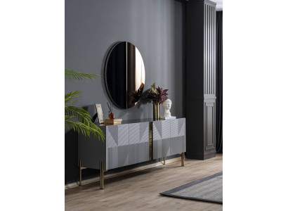 Black dining room set designer sideboard luxury round mirror 2 pieces