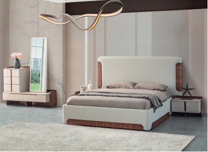 Stylish Beige Bedroom Furniture Upholstery Double bed Dressing table 5pcs