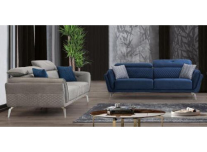 Designer Upholstery Couch Set Blue Gray Fabric Sofas Luxury 2x 3-Seater