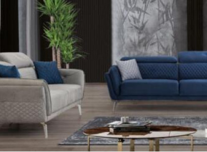 Designer Upholstery Couch Set Blue Gray Fabric Sofas Luxury 2x 3-Seater