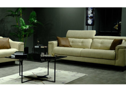 Beige Living room Three Seater Leather 3-Seater Upholstery Couch Wooden Frame