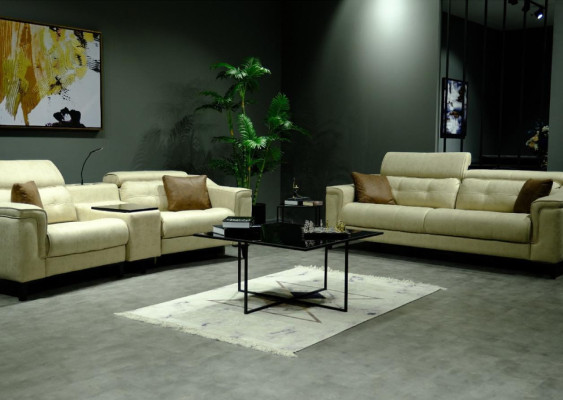 Beige Living room Three Seater Leather 3-Seater Upholstery Couch Wooden Frame