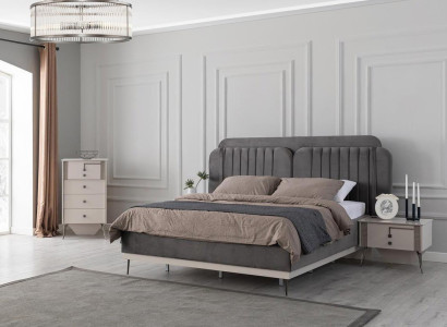 Gray Bedroom Furnishings Designer Textile Bed 2x Wood Bedside tables