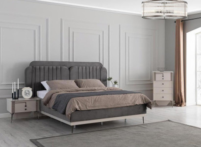 Bedroom Modern Set Gray Double bed 2x Design Bedside tables 3pcs