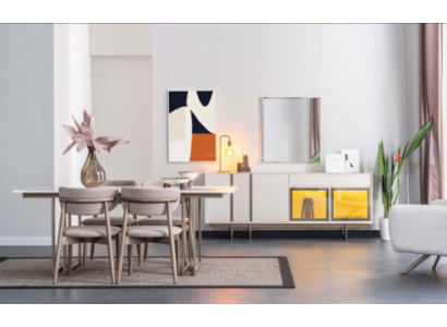 Robust dining room set, luxurious dining table, 4x upholstered chairs, sideboard