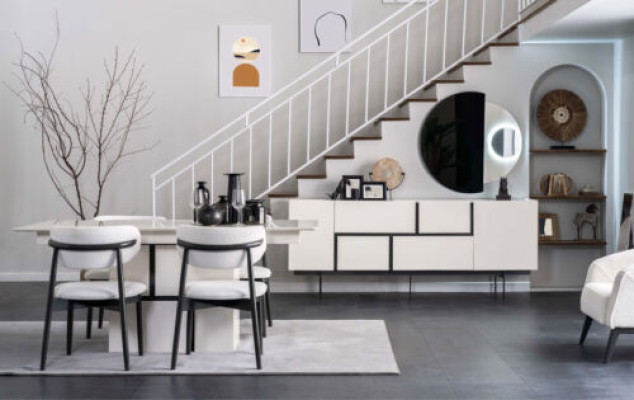 Complete e Dining room Furniture Designer Wood Dining table Sideboard 4x Chairs 7pcs