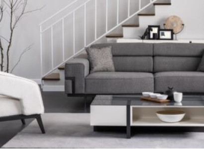 Gray and White Upholstery Suite Living room 3-Seater Armchair Wood Coffee table