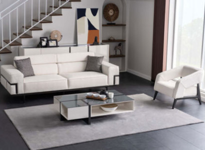 Living room White Upholstered Set 3+1 Seater Designer Glass Coffee table
