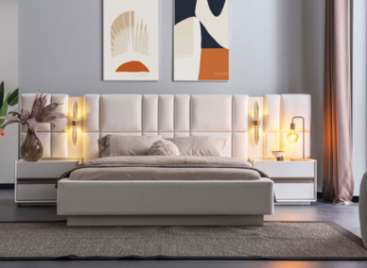 exclusive Bedroom Furniture Designer Textile Bed 2x Wood Bedside tables