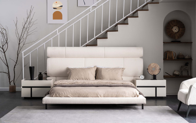 Bedroom White Suite Modern Double bed 2x Wood Night Consoles