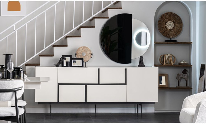 White-Black Dining room Sideboard Mirror Luxury Wall Chest of Drawers 2-piece set