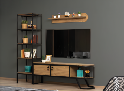 Living room TV stand Bookshelf TV cabinet Lowboard Wood Brown Set 3 pieces