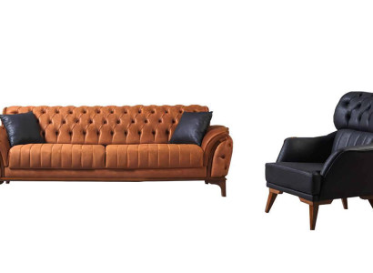 Orange-Black Chesterfield Suite Luxurious Three-Seater Armchair 2-piece