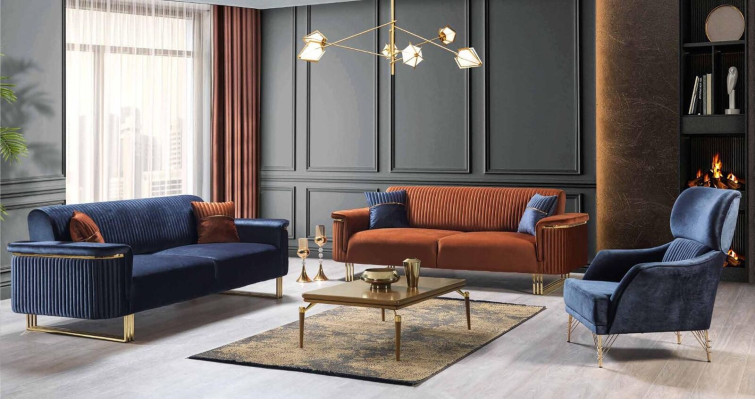 Blue he Living room 3-Seater Luxurious Fabric Sofa Elegant Upholstered furniture